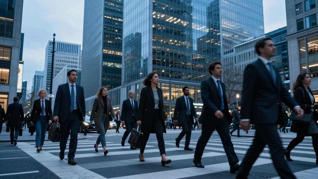 Professionals walking through a city financial district