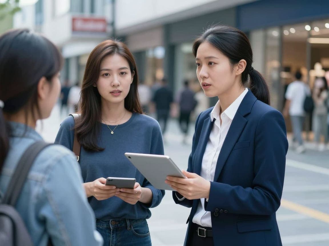 Interviewer conducting a face-to-face survey in a public space