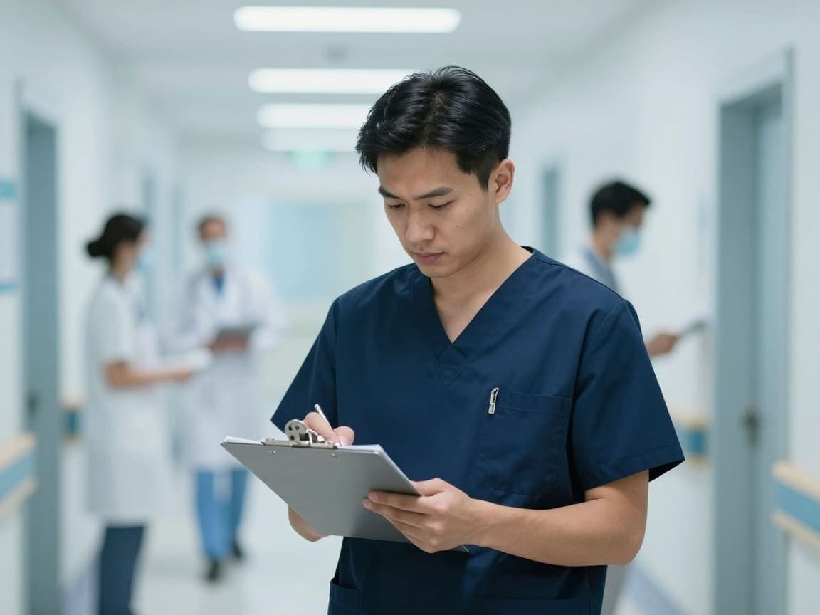 Clinician reviewing notes in a hospital corridor