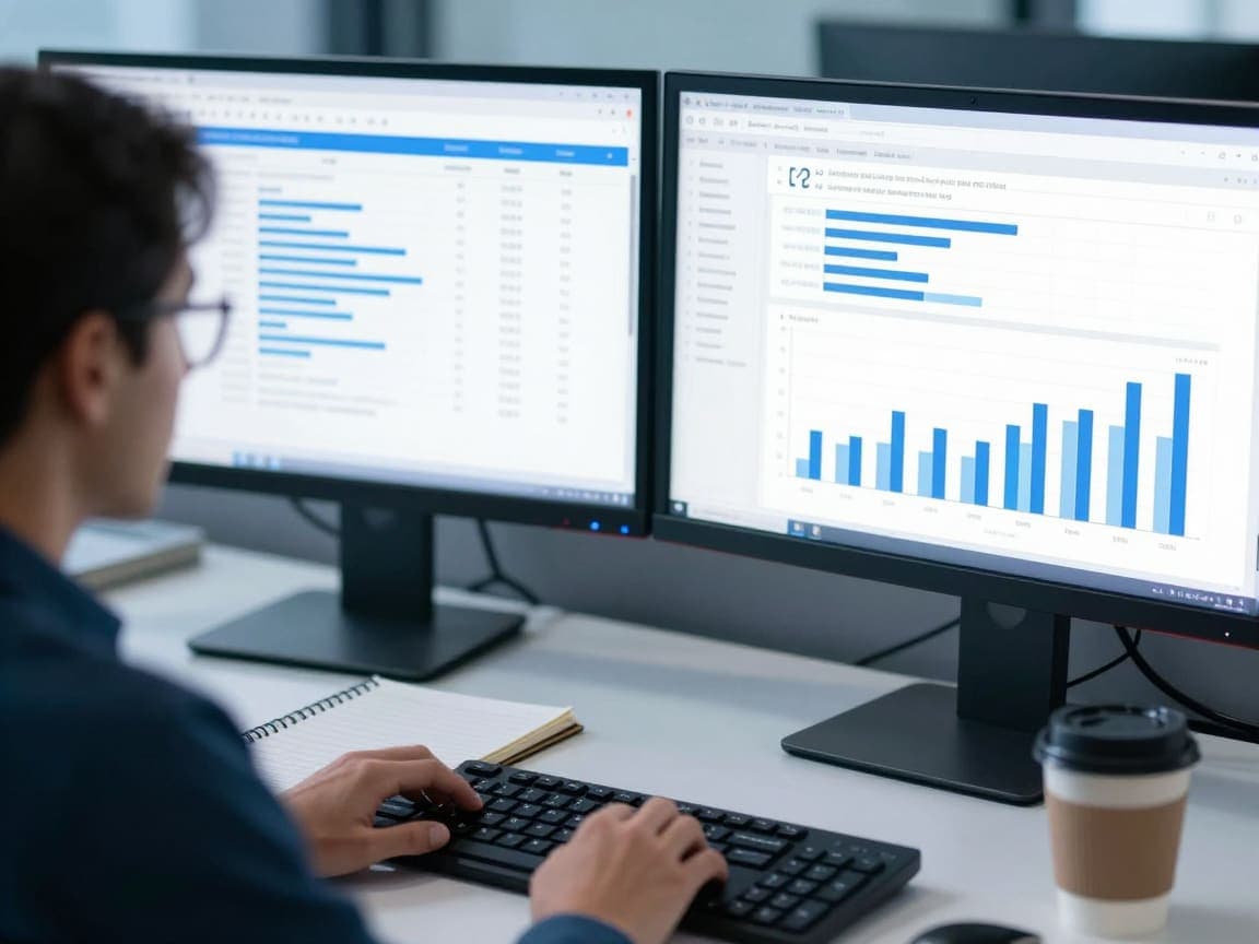 Analyst reviewing survey data across two monitors
